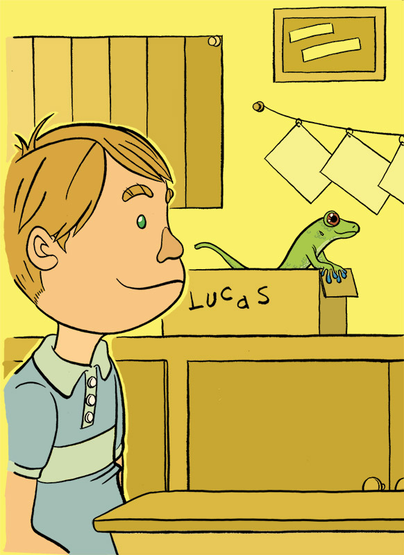 Boy and a lizard in a school classroom