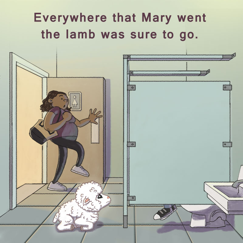 Lamb waiting for Mary in a public restroom