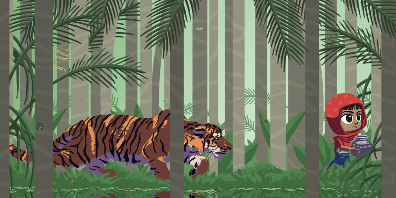 Indian girl in red shawl followed by a tiger in the jungle