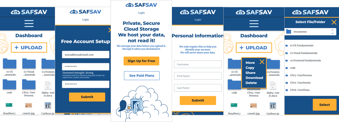 Mobile screens of SafSav