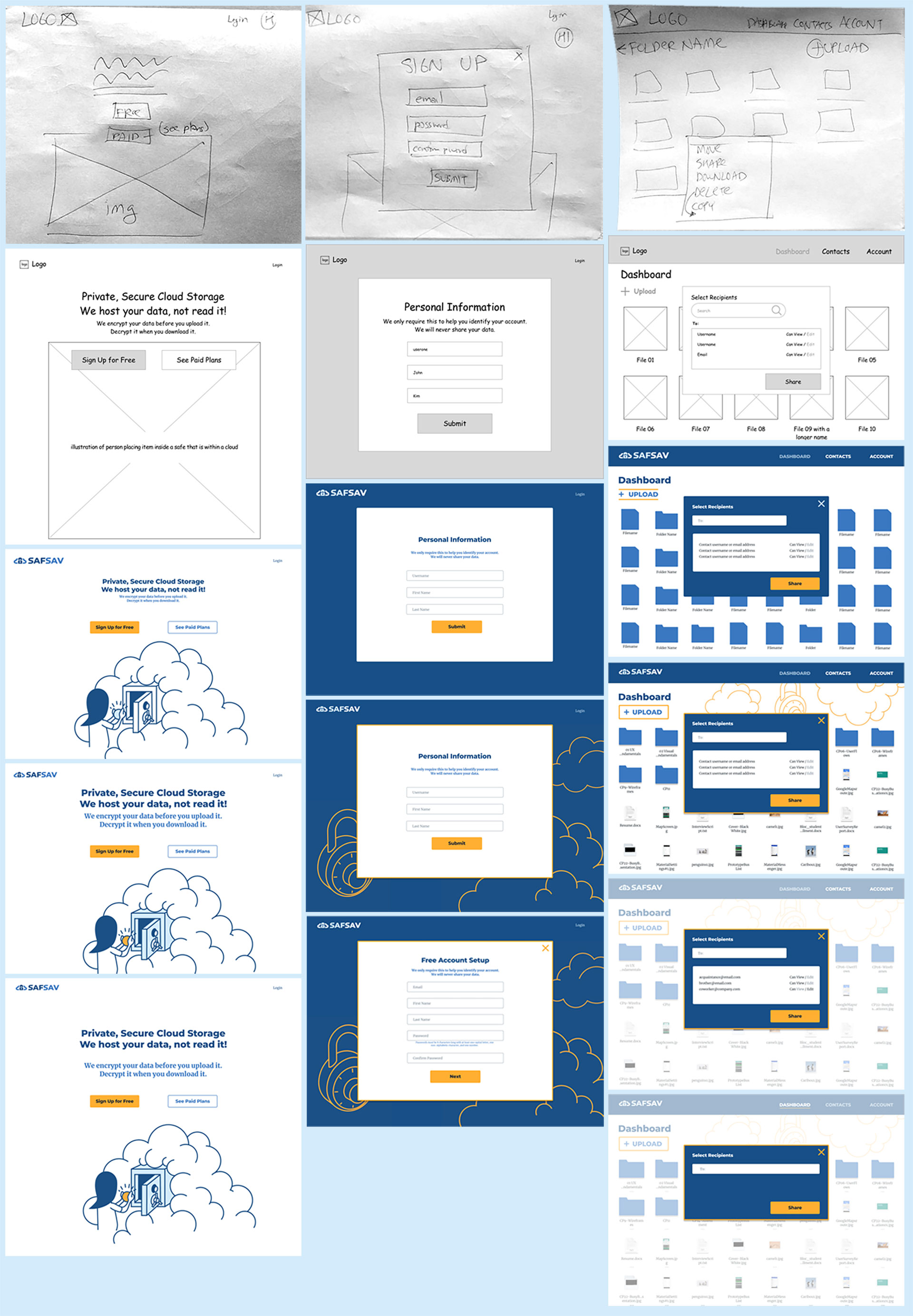 Stages of three different screens from early sketch to final version